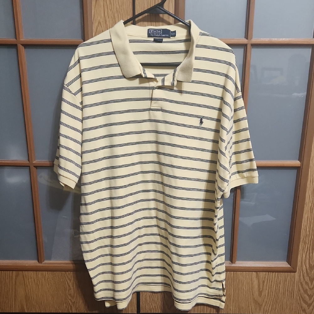Ralph Lauren Men's Yellow and Navy Striped Polo Shirt Size XXL